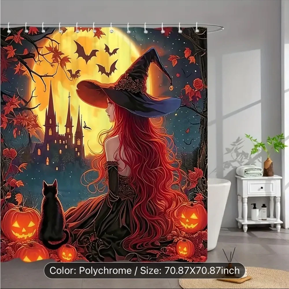 Beautiful Long Hair Witch Pumpkin Bat Ancient Castle Autumn Scene Shower Curtain
